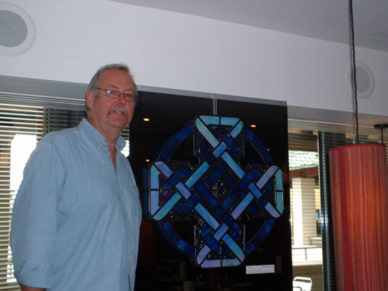 conical perspective.Iridescent glass with embedded blue light emitting diodes